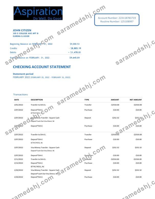 USA Aspiration bank statement Word and PDF template, 2 pages